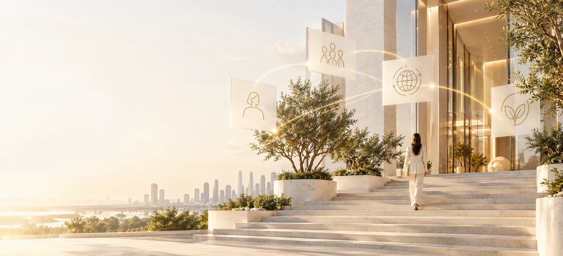 A person approaching an ivory architectural environment with connected insight panels