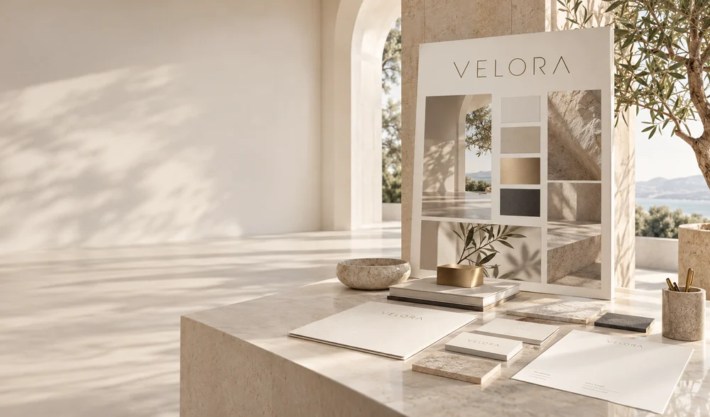 Brand Strategy & Positioning: premium visual in VELORA’s ivory and champagne palette