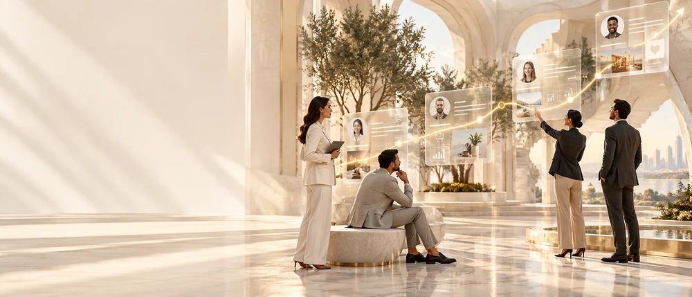 Customer Experience & Retention: premium visual in VELORA’s ivory and champagne palette