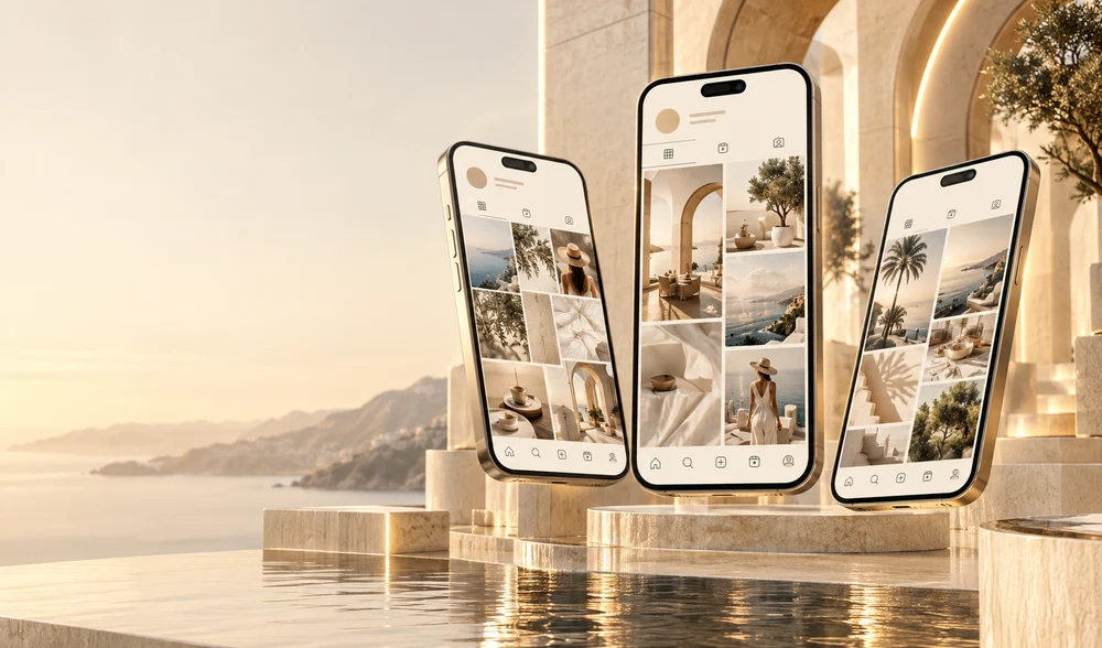 Social Media Management: premium visual in VELORA’s ivory and champagne palette