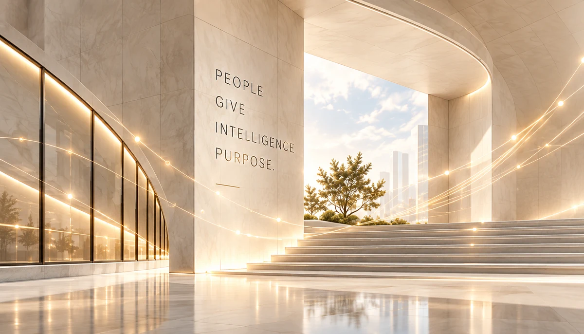 Luminous marble atrium bearing the words People give intelligence purpose