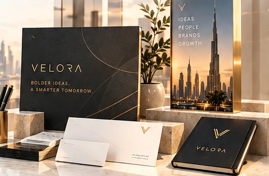 Visual Identity & Applications: architectural and technology visual from the supplied VELORA design